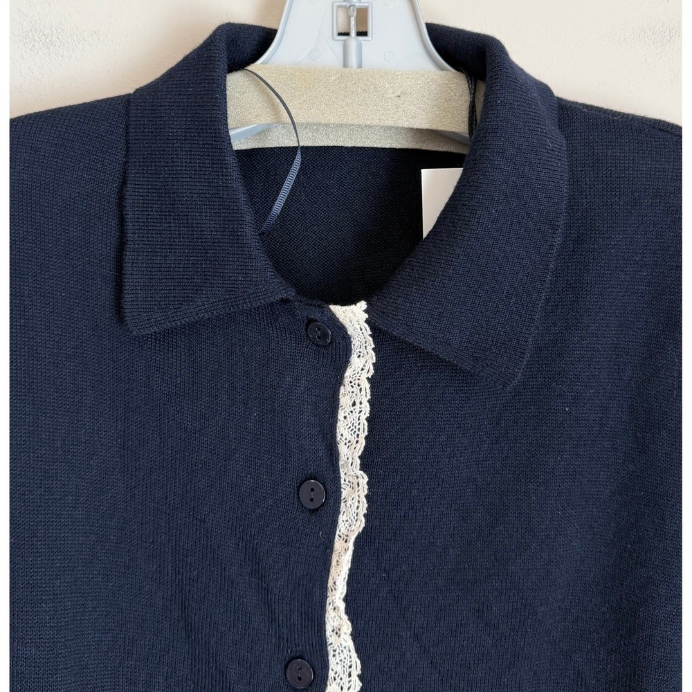 Zara Knit Button Down Sweater Womens Medium Navy Lace Trim Short Sleeve Polo - Picture 5 of 9
